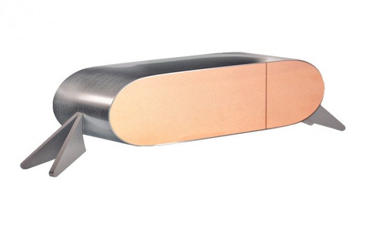 Calamina Oval_C: Constructed from polished iron and marble. This piece's origin is the development of a handcrafted wooden mold, in which the iron gets the oval shape. with the addition of hydraulic pistons the sculpture gets the functionality of a cupboard.